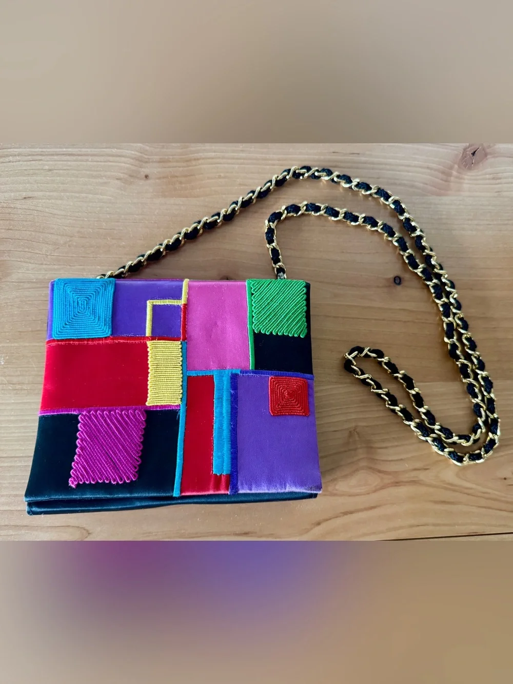 Multicolor Patchwork Shoulder Bag Purse with Gold Chain